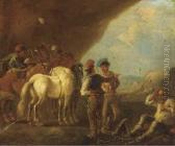 A Military Encampment Oil Painting by August Querfurt