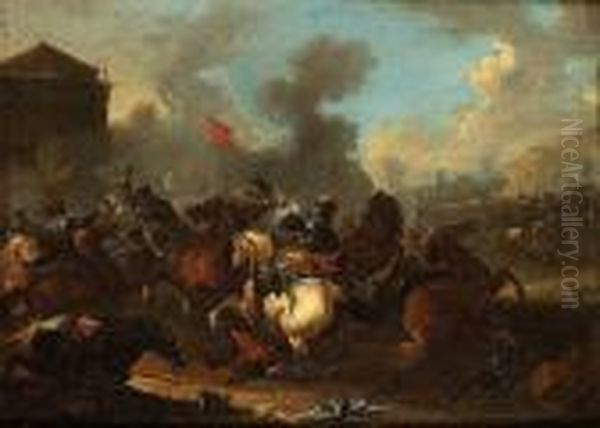 A Cavalry Engagement Oil Painting by August Querfurt