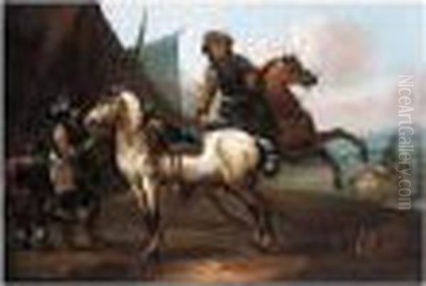 A Cavalry Encampment Oil Painting by August Querfurt