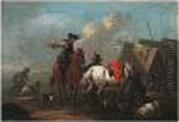 Horsemen Beside An Encampment Oil Painting by August Querfurt