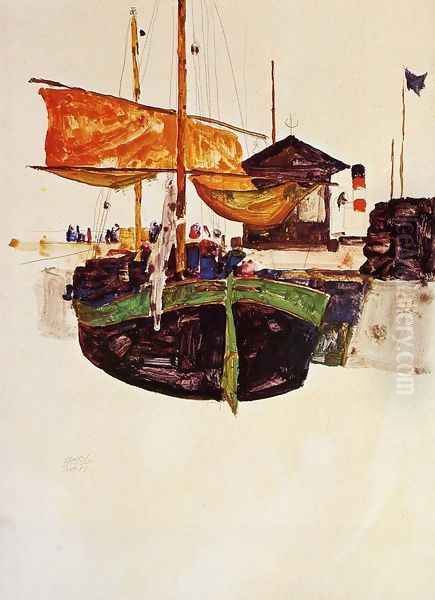 Ships at Trieste Oil Painting by Egon Schiele