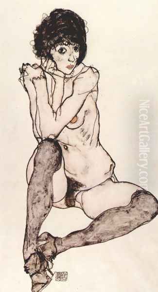 Sitting feminine act Oil Painting by Egon Schiele