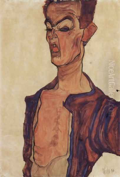 Selfportrait, a grimace piercingly Oil Painting by Egon Schiele