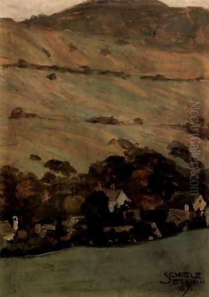 Houses before mountain slope Oil Painting by Egon Schiele