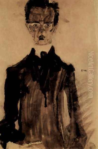 Selfportrait in the black garment Oil Painting by Egon Schiele