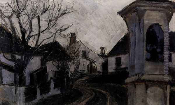 Monastery new castle, bald trees and houses Oil Painting by Egon Schiele