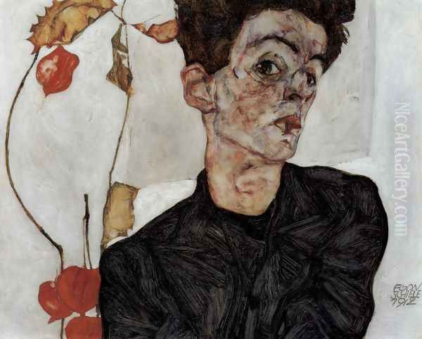 Selfportrait with Chinese lantern fruits Oil Painting by Egon Schiele