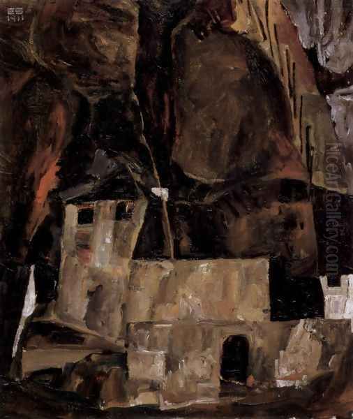 Wall and house before hügligem ground with fence Oil Painting by Egon Schiele