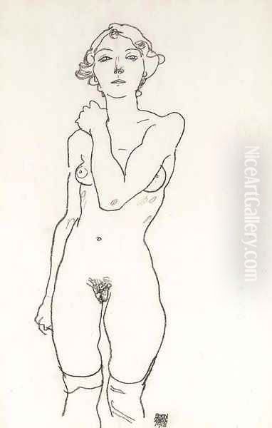 Stehende von vorne, mit auf die rechte Schulter gelegtem Arm Oil Painting by Egon Schiele