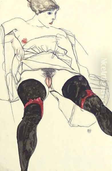 Liegender Akt mit schwarzen Strutmpfen Oil Painting by Egon Schiele