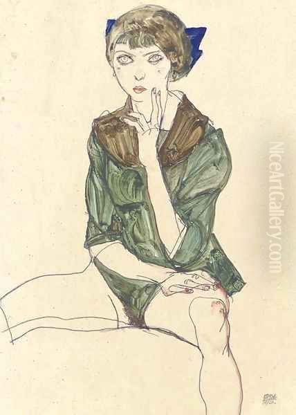 Sitzender weiblicher Halbakt in grutner Bluse Oil Painting by Egon Schiele