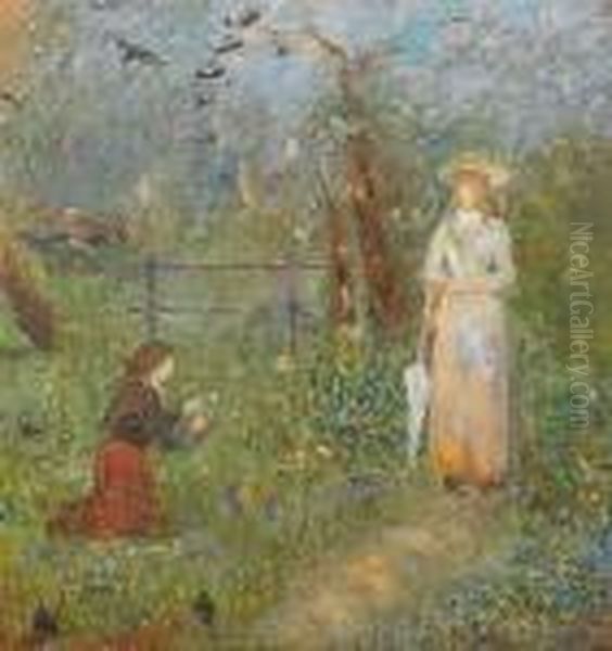 Figures In A Garden Oil Painting by Ernest Quost