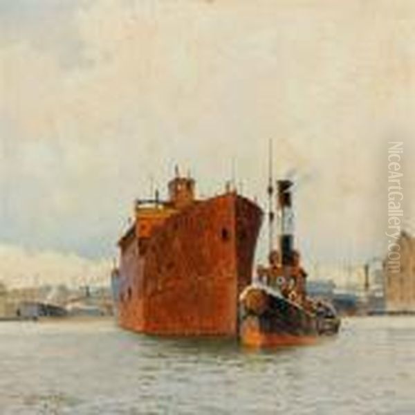 Harbour Scenery Oil Painting by Victor H.W. Qvistorff