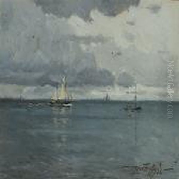 Seascape With Sailing Ships And A Rowing Boat On The Sea Oil Painting by Victor H.W. Qvistorff