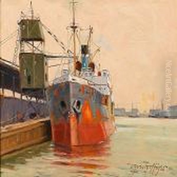 Harbour Scene With A Ship At The Quay Oil Painting by Victor H.W. Qvistorff