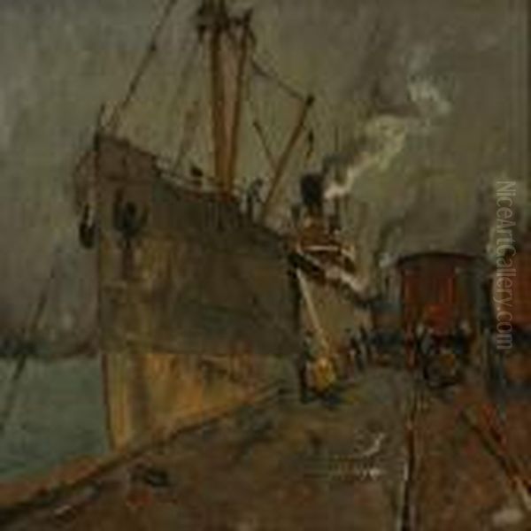 Harbour Scene With A Ship Being Loaded by Victor H.W. Qvistorff