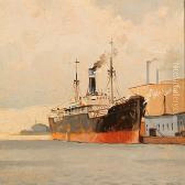 Harbour Scene With A Ship At The Quay by Victor H.W. Qvistorff