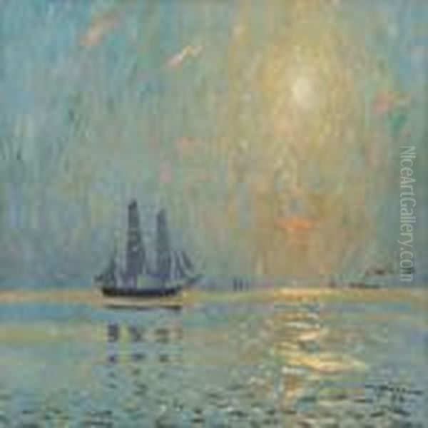 Seascape With Sailing Ships In Sunny Weather Oil Painting by Victor H.W. Qvistorff