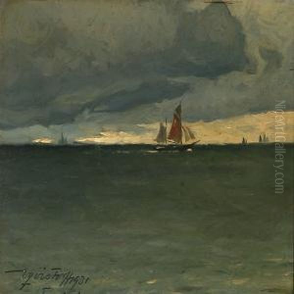 Marine With Sailing Ships A Lateevening At Taarbaek, Denmark by Victor H.W. Qvistorff