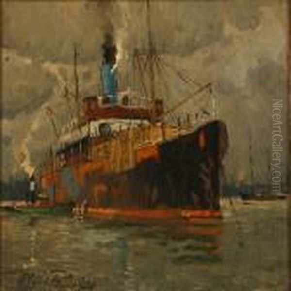 Harbour Scene Witha Motor Ship Oil Painting by Victor H.W. Qvistorff