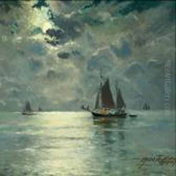 Sunset With Sailingships On The Sound by Victor H.W. Qvistorff