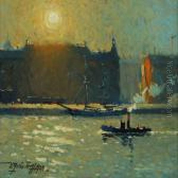 Harbour Scenery Oil Painting by Victor H.W. Qvistorff