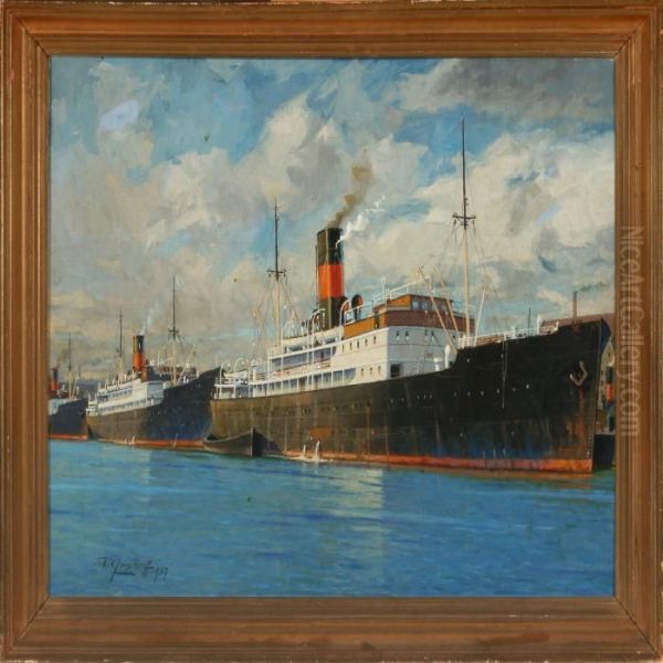 The Ferry Aalborghusat Quay In The Harbour Of Frederikshavn Oil Painting by Victor H.W. Qvistorff