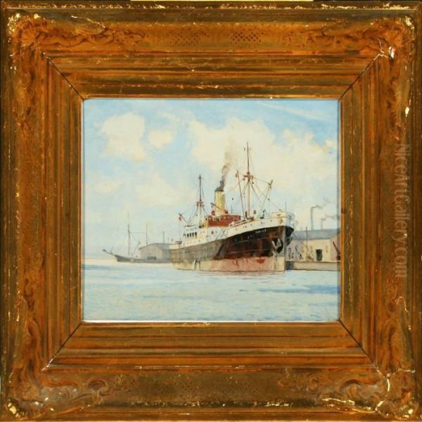 Harbour Scenery Withships Oil Painting by Victor H.W. Qvistorff