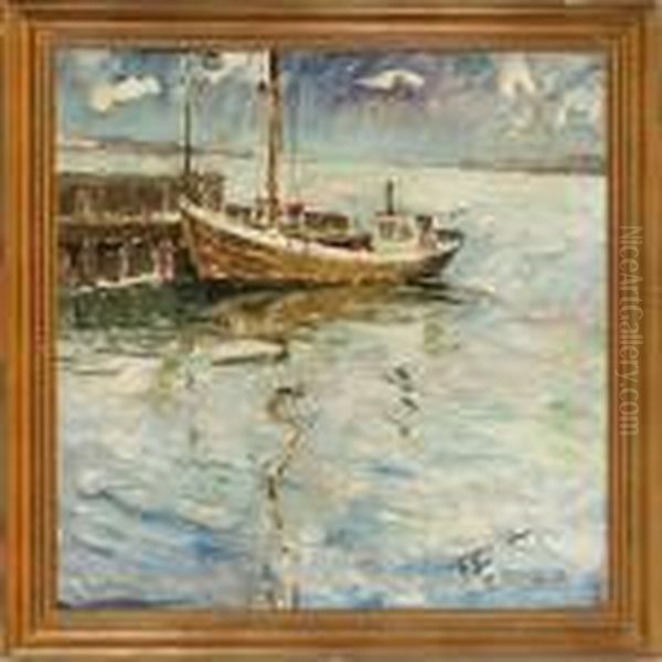 A Fishing Boat At Apier Oil Painting by Victor H.W. Qvistorff