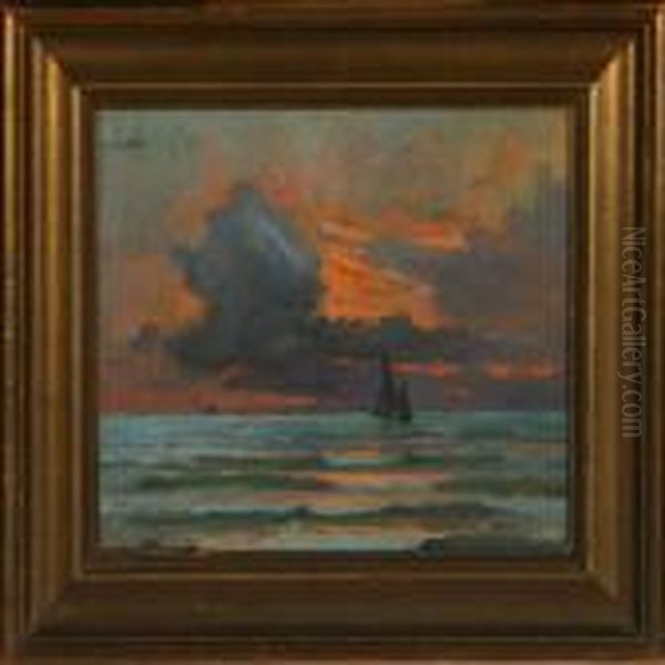 Sunset With Sailing Ships At Sea Oil Painting by Victor H.W. Qvistorff