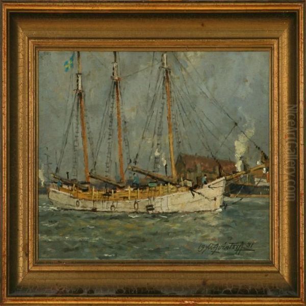 Swedish Sailing Ship In A Harbour Oil Painting by Victor H.W. Qvistorff