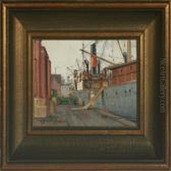 Cargo Ships At The Quay Oil Painting by Victor H.W. Qvistorff