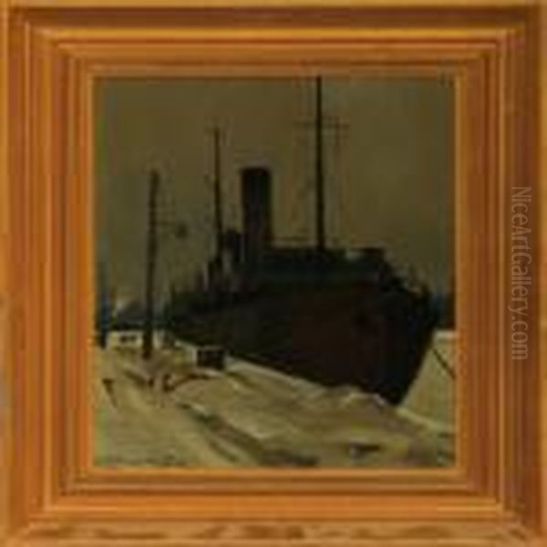 Winter Harbour Scene Oil Painting by Victor H.W. Qvistorff