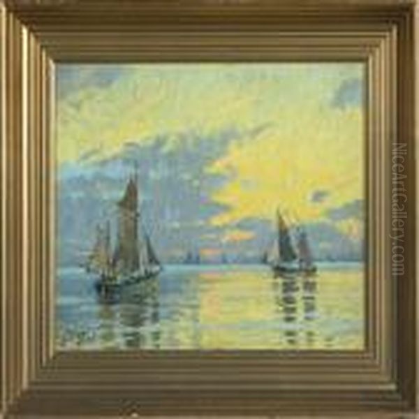 Sailing Ships At The Sea In The Sunset Glow Oil Painting by Victor H.W. Qvistorff