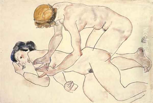 Zwei Frauenakte, liegend und kniend (Die Freundinnen) Oil Painting by Egon Schiele