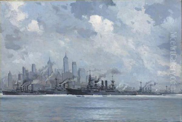 German Warships In New York 
Harbor Honoring The Visit Of Kaiser Wilhelm's Son, With A View Of The 
New York Skyline Oil Painting by Victor H.W. Qvistorff