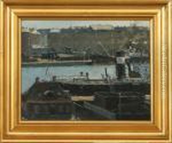 Skibe Ved Alfred Christensens Plads Oil Painting by Victor H.W. Qvistorff