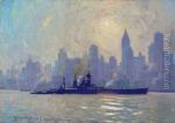 H.m.s. Hood In New York Harbor With A View Of The New York Skyline by Victor H.W. Qvistorff