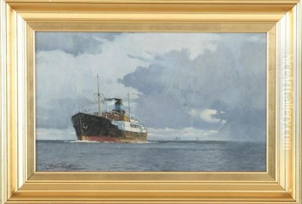 A Finnish Steamer On Its Way Through Oresund Oil Painting by Victor H.W. Qvistorff