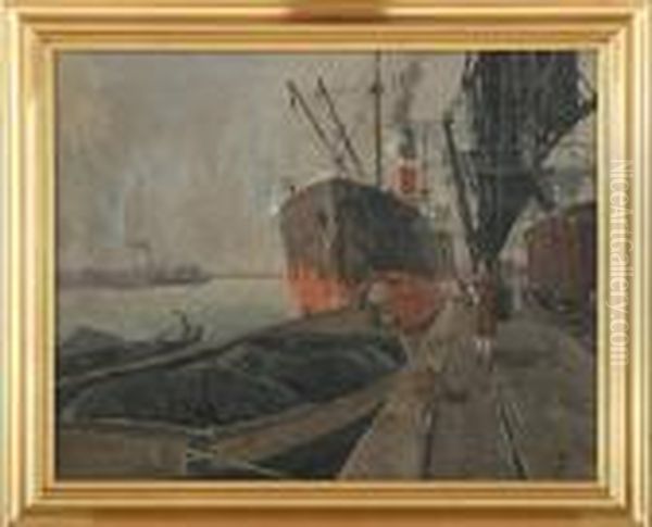 Harbour With Figures Oil Painting by Victor H.W. Qvistorff