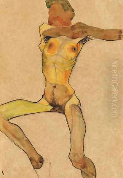 Mannlicher Akt, gelb Oil Painting by Egon Schiele