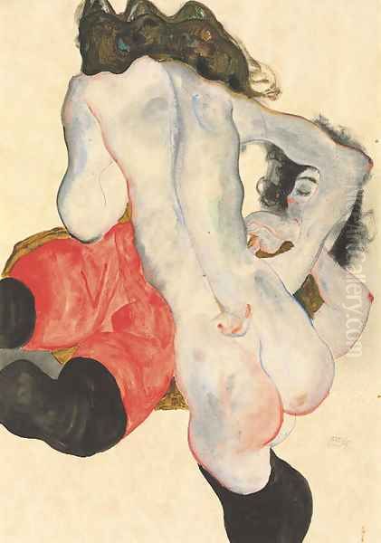 Liegende Frau mit roter Hose und stehender weiblicher Akt Oil Painting by Egon Schiele