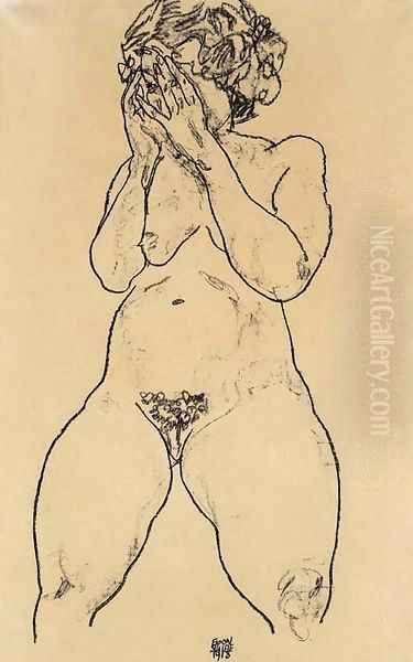 Madchenakt en face, Hande vor dem Gesicht Oil Painting by Egon Schiele