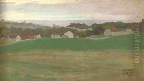 Wiese mit Dorf im Hintergrund II Oil Painting by Egon Schiele