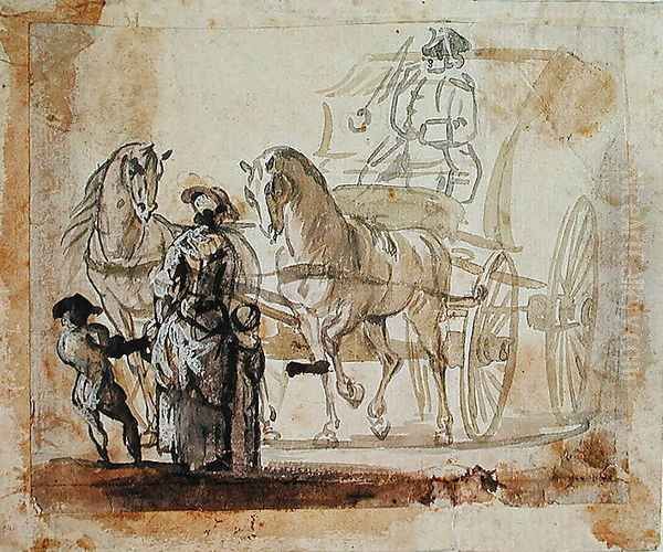 A Carriage and Pair, with Coachman Oil Painting by Paul Sandby