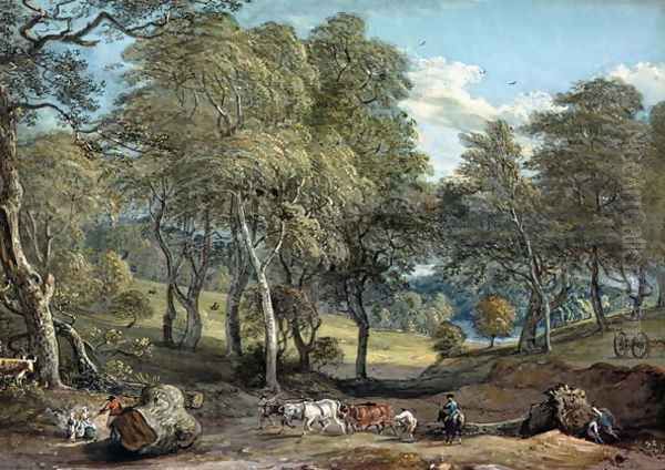 Windsor Forest with Oxen Drawing Timber, 1798 Oil Painting by Paul Sandby