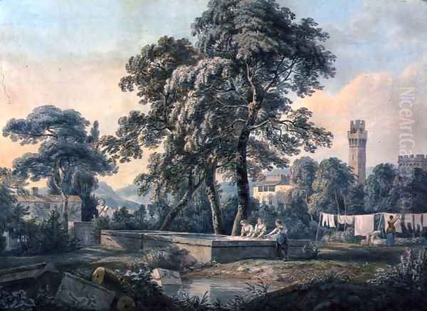 An Italianate Landscape with Women by a Washing Pool, 1792 Oil Painting by Paul Sandby