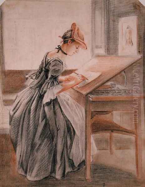 A Lady Copying at a Drawing Table, c.1760-70 Oil Painting by Paul Sandby