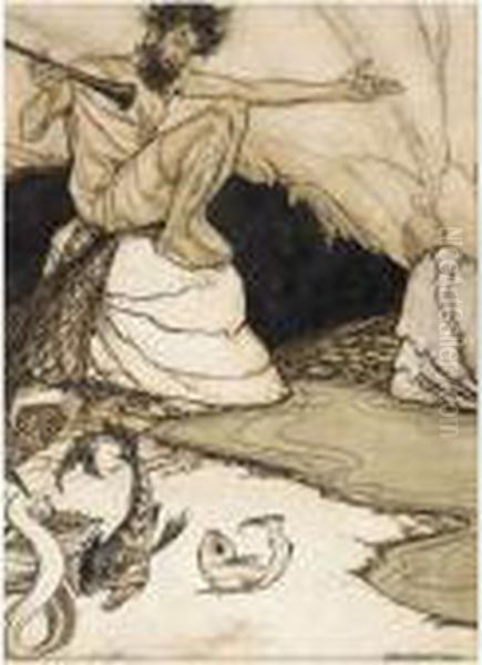 The Piper And The Fishes (a Story From Herodotos) Oil Painting by Arthur Rackham