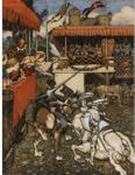 Sir Tristram Defeats Sir Palamedes In Ireland Oil Painting by Arthur Rackham